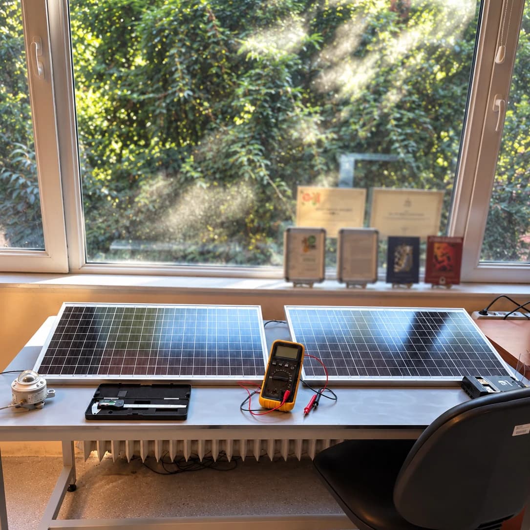 Photovoltaic workbench with two solar panels and a multimeter